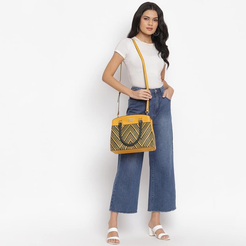 KLEIO Faux Leather Hand Weave Satchel Handbag for Women - Mustard - Image 2